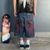 Threebooy Summer New Y2K Denim Shorts Big Pattern Design Baggy Jeans Shorts Men's Vintage Punk Fashion Loose Casual Versatile Shorts